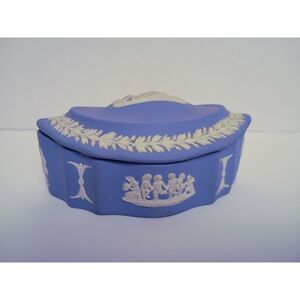 Vintage Wedgwood Blue Jasperware Lidded Oval Trinket Box - Cherub & Cupid Relief